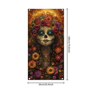 Mexican Day of the Dead sugar skull door cover banner with floral design 180x90cm size