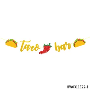 Striscione Taco Bar in oro glitterato con icone di peperoncino e taco per festa messicana