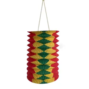 Traditional cylindrical accordion paper lantern in festive red, yellow, and green colors