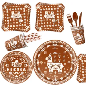 Brown Mexican Fiesta party supplies set featuring llama and sombrero disposable tableware