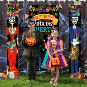 Day of the Dead porch banners displayed outdoors with festive kids in a graveyard scene