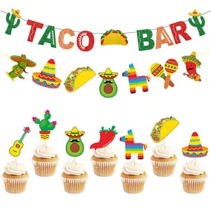 Vivaci decorazioni per feste messicane con striscione Taco Bar e topper colorati per cupcake.