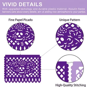 Purple plastic Mexican Papel Picado banner details with skull and flower patterns