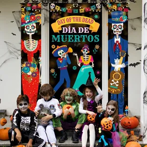 Day of the Dead festive banner set featuring sugar skulls and colorful skeletons