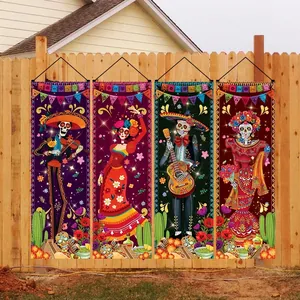 Day of the Dead 4-piece vertical banner set with festive skeletons for Halloween decoration