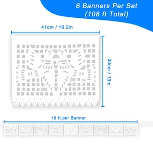 Detail showing 41x33cm dimensions of white Mexican Papel Picado banner set