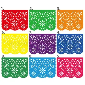 Selection of nine colorful Mexican Papel Picado plastic banners for festive party decorations