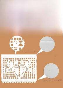 Detailed view of white Mexican Papel Picado banner with waterproof material and bird design.