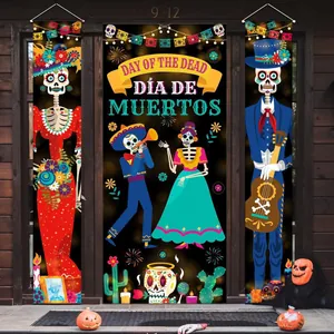 Detailed view of festive Day of the Dead door banners featuring skeletons and Mexican motifs.