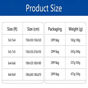 Comprehensive size chart for Mexican carnival vinyl backdrop in various FT and CM dimensions