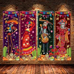 4-Piece Day of the Dead banners with Mexican skeleton guitar and dancing motifs