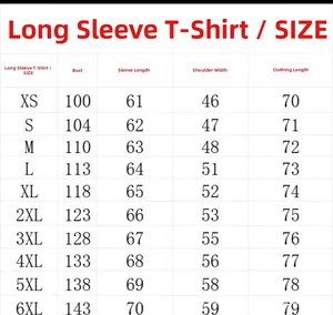 Detaillierte Größentabelle für Langarm-T-Shirts von Größe XS bis 6XL mit allen Maßen