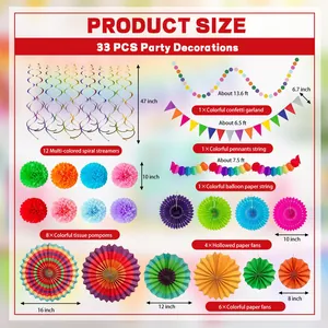 Detaillierte Größenangaben für das 33-teilige farbenfrohe Fiesta Party Dekoration Set
