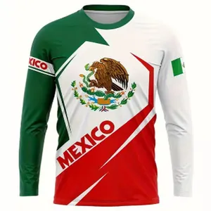 Detailansicht des 3D-gedruckten Mexiko-Flaggen-Designs auf Langarm-Streetwear-T-Shirt