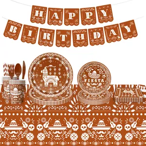 Mexican Day of the Dead Party Tableware Set Paper Plates Cups Napkins Tablecloth Banner For Fiesta Birthday Halloween Decorations
