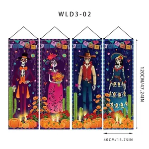 4-piece set of Day of the Dead porch banners featuring Mexican sugar skull and pumpkin art