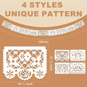 Vue détaillée de 4 styles de bannières de fête mexicaines blanches ajourées avec dimensions