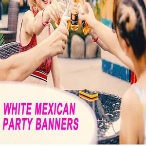 Lifestyle scene for white Mexican felt party banners at a festive wedding or carnival.