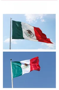 Detailed view of the Mexican flag waving on a flagpole against a clear blue sky.
