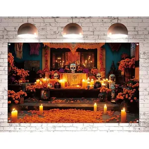 Day Of The Dead Mexican Backdrop Sugar Skull Vinyl Banner Festive Party Photography Props Wall Decoration Halloween Backdrop