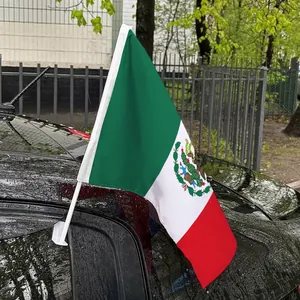 Detailed view of Mexico national car window flag attached to a vehicle with a white flagpole.
