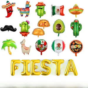 Assorted Mexican fiesta party balloons featuring cactus llama and golden FIESTA letters