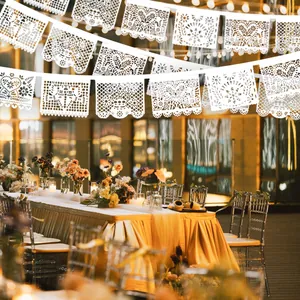 Mexican Papel Picado Banner White Felt Floral Heart Bird Hollow Out Party Wedding Garland Background Decoration