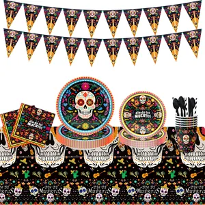 Day Of The Dead Party Supplies Mexican Sugar Skull Disposable Paper Plates Cups Napkins Tablecloth Banner For Halloween Celebration Decoration