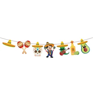 Vibrant Mexican Fiesta party banner featuring sombreros maracas and sugar skull designs