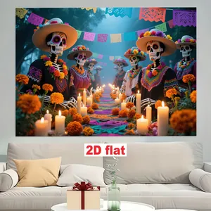 Day of the Dead party banner with traditional skeleton and candle design for wall decor.