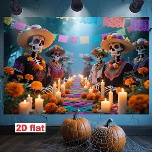 Festive Day of the Dead banner featuring sugar skull skeletons and marigolds decor