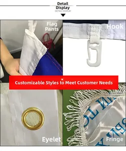 Close-up view of flag finishing accessories including grommets, hooks and fringe