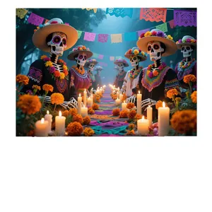 Vibrant Day of the Dead banner with stylized skeletons and marigolds for party decor