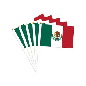 Lot de petits drapeaux mexicains à main avec tiges en plastique blanc et embouts dorés