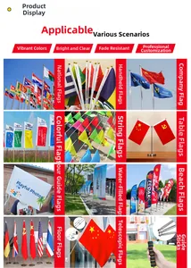 Various 90x150cm polyester flags including national, string, and beach banner types.