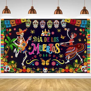 Vibrant Day of the Dead party backdrop featuring traditional Mexican skull designs
