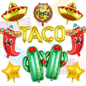 Vibrant Mexican fiesta party balloon set featuring taco cactus and chili foil designs for festivals