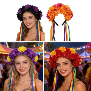 Ringelblumen-Blumenstirnband mit bunten Bändern für Halloween und Karnevalskostüme