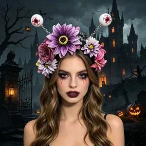 Spooky Halloween headband featuring purple sunflowers and bouncing bloodshot eyeballs