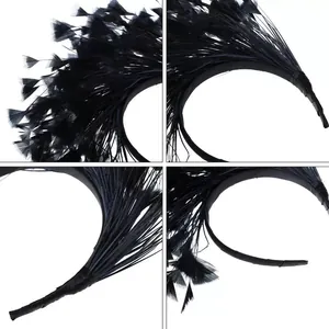 Detailed view of the black feather headband texture and headband attachment points.