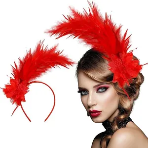 Elegant red feather headband with lace flower for Halloween and carnival parties