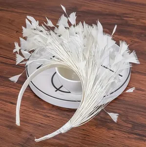 Detailed view of elegant white feather headband for masquerade party and festival.