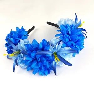 Serre-tête en fleurs de souci artificielles bleu vif pour Halloween et fêtes festives