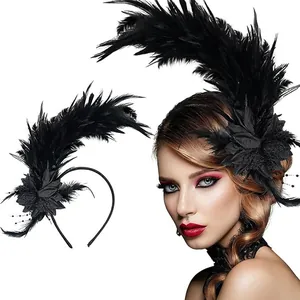 Elegant black feather headband headpiece for Halloween party and carnival costumes