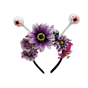 Halloween headband with purple sunflowers, lace skull, and spooky spring-mounted eyeballs