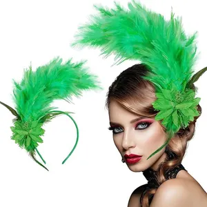Close-up detail of a bright green feather headband fascinator worn by a female model