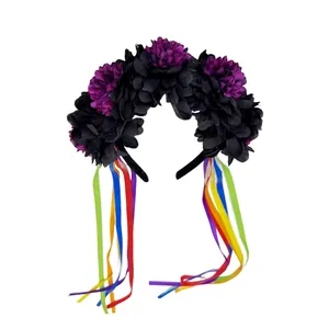 Halloween Blumen Haarreif mit Marigold Blüten und bunten Regenbogen Bändern für Kostüm Partys.