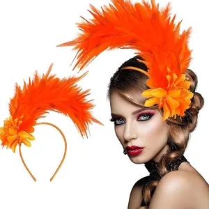 Vibrant orange feather headpiece shown worn by a model and as a static product display
