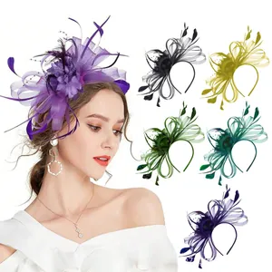 Detailed view of elegant mesh and feather fascinator headbands in multiple color variants