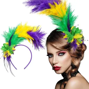 Detailed view of a vibrant purple, green, and yellow feather headband for festive parties